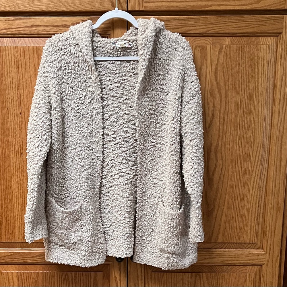 Pink Rose Textured Women’s Cream Hooded Cardigan With Pockets, EUC, Size L